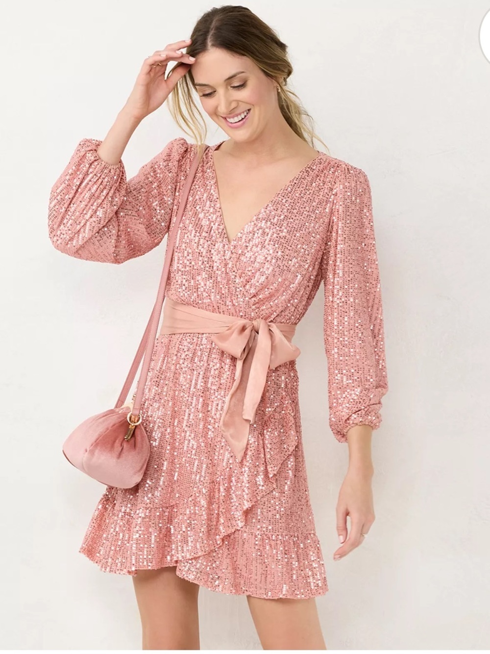 LC Lauren Conrad Rose Gold Sequin Long Sleeve Dress In Relaxed Peach Sequin